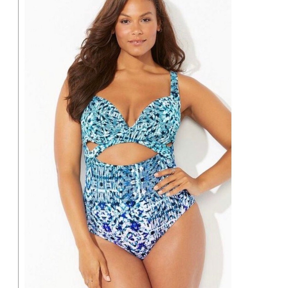 NEW Swimsuits For All Blue‎ Abstract Cutout Underwire One Piece Swimsuit Size 14